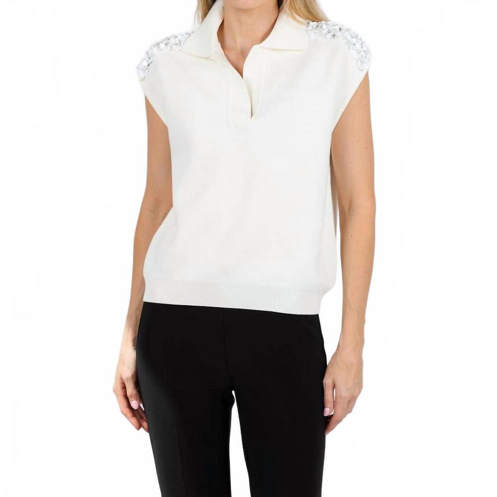 NEW ESSENTIEL ANTWERP joline embroidered knit polo in off white